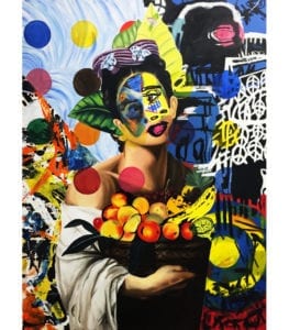 Abstract painting of a woman holding a basket of apples and bananas.