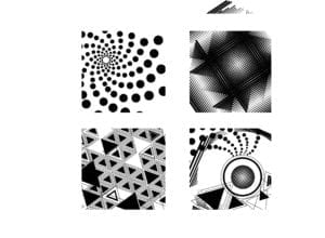 Four black and white drawings with dots and lines