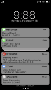 iPhone home screen screenshot with text messages, missed calls, CNN breaking news update, and calendar reminders